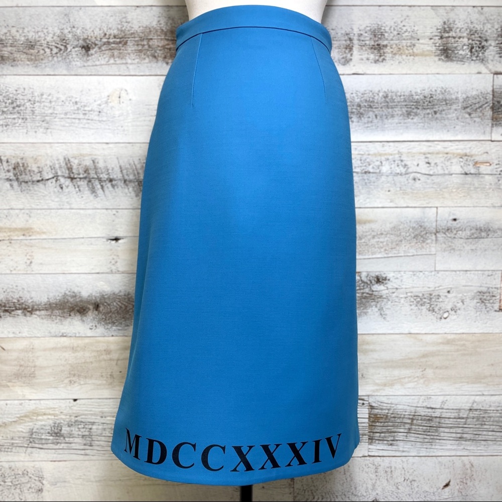 GUCCI Blue Wool Roman Numeral Skirt Size 40 4 610297 Midi Runway Lined Rare Chic